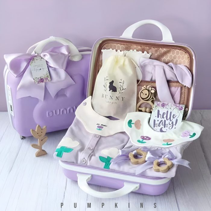Pumpkins Baby Giftset for New born with Rompers and wooden toys in cute suitcase in Bunny theme for Girls and Boys 14 in 1