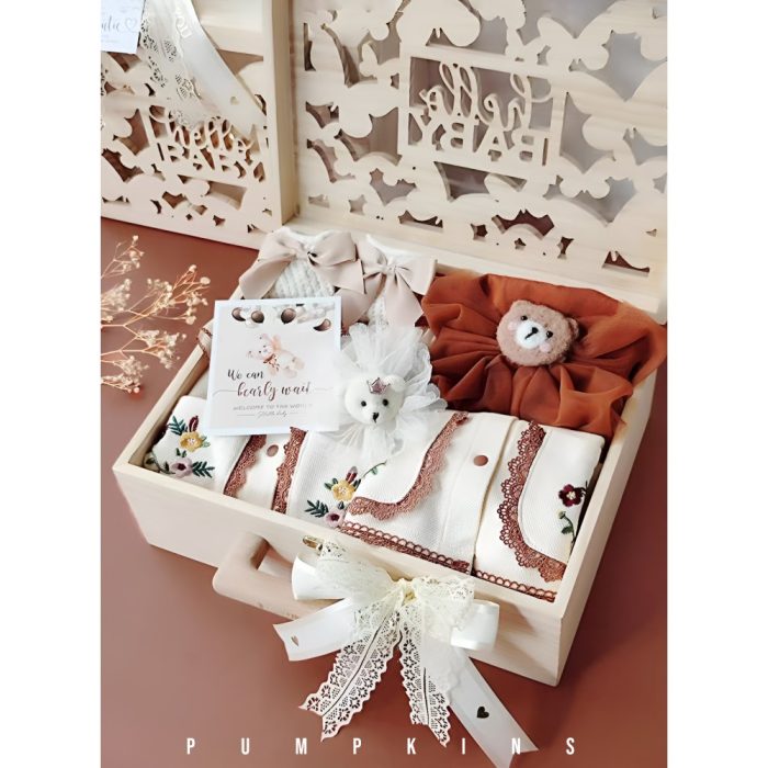 Adorable Pumpkins Newborn Baby Giftset -Essential Outfit Gift in Luxurious Wooden Gift Box with LED Ambient Light for Baby Girls Gift - 9 in 1 set
