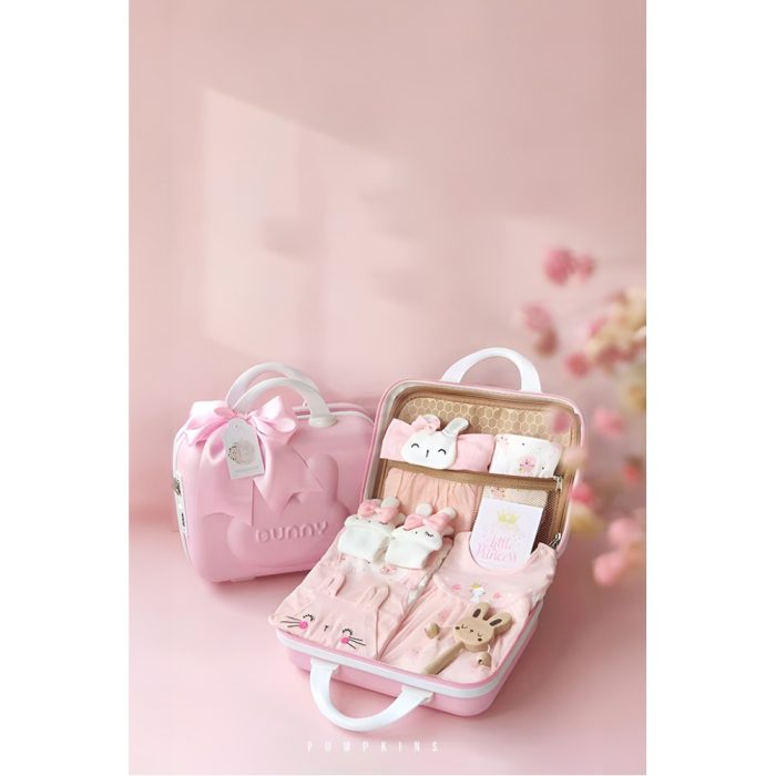 Adorable PUMPKINS Newborn Baby Giftset in Bunny Theme for Baby Girl in Pink Premium Suitcase for Gifting - 9 in 1