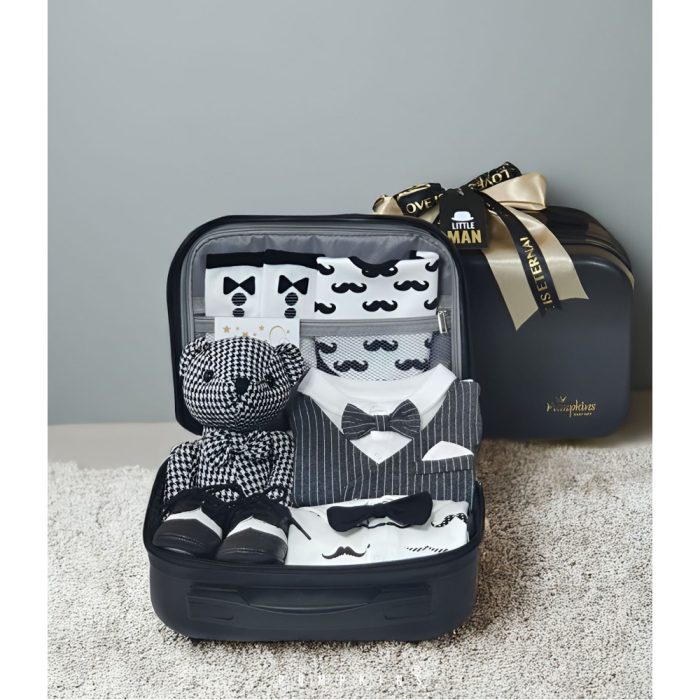 PUMPKINS Deluxe Baby Boy Gift Set – Elegant Suit-Style Clothing, Keepsake Frame, Shoes, Plush Toy, Blessing Card, and Premium Gift Suitcase with Frosted Bag